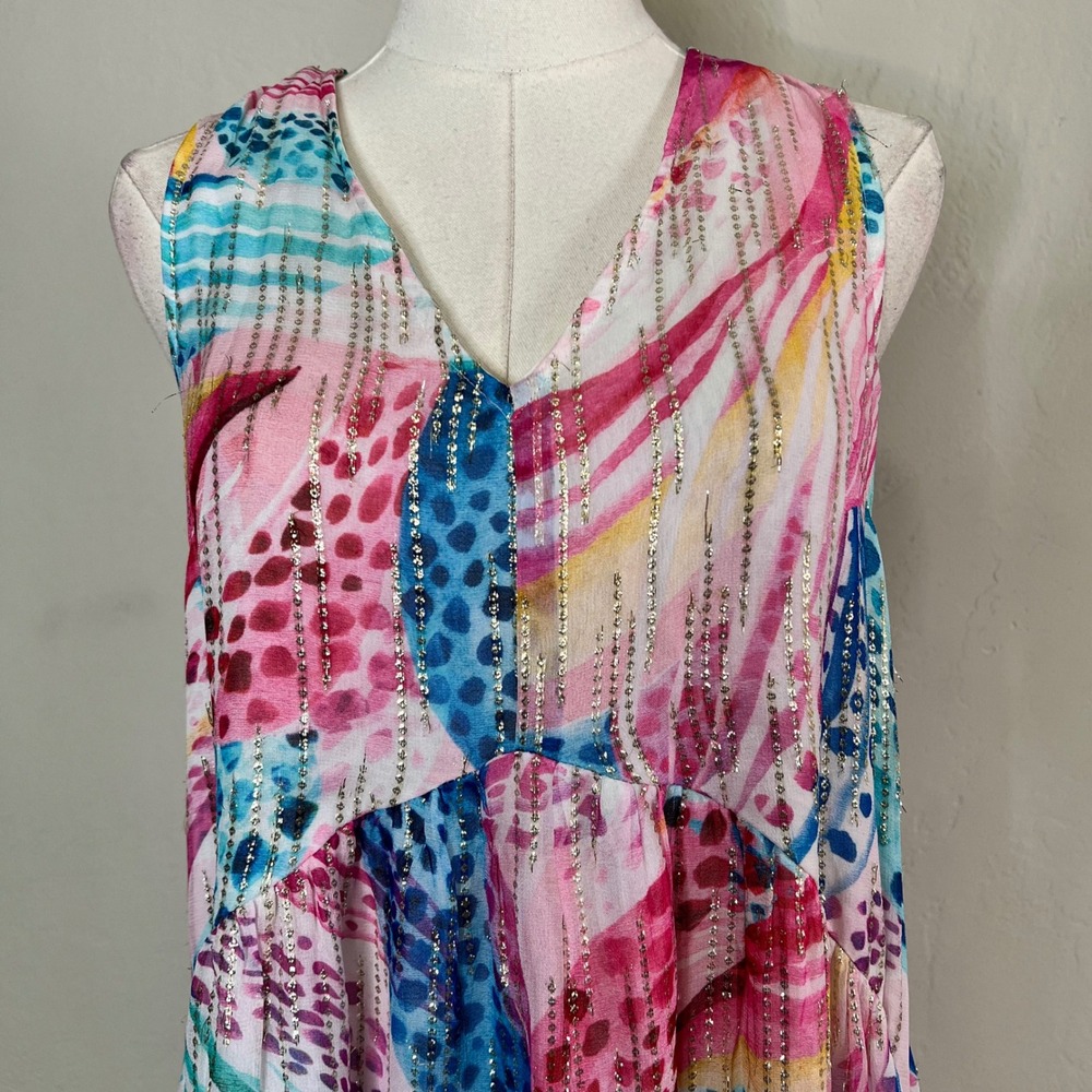 CIEBON Maxi Dress XS Colorful Abstract Metallic V-Neck Racerback Tropical NWT - Picture 2 of 9